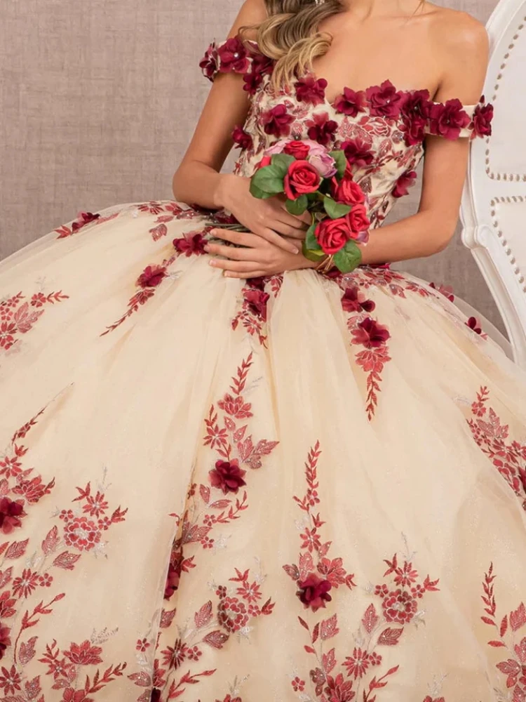 ที่กําหนดเอง Vestido De 15 Anos ปิดไหล่ 3D Floral Lace Up Ball Gown ผู้หญิงชุดวันเกิดหวาน 16 Quinceanera พรหม