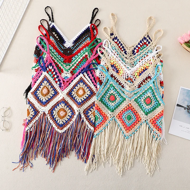 Szydełkowane koszulki na ramiączkach Bohemian Spaghetti Tops Tassels Bright Cover Up for Bikini Swimsuit Beach Holiday Travel Photography