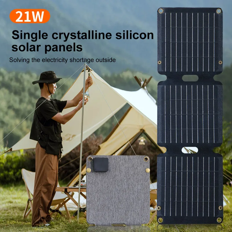 Solar USB+Type-C Charger Fast Charging 21W Portable Foldable High Quantity Power Panel Cells for Outdoor