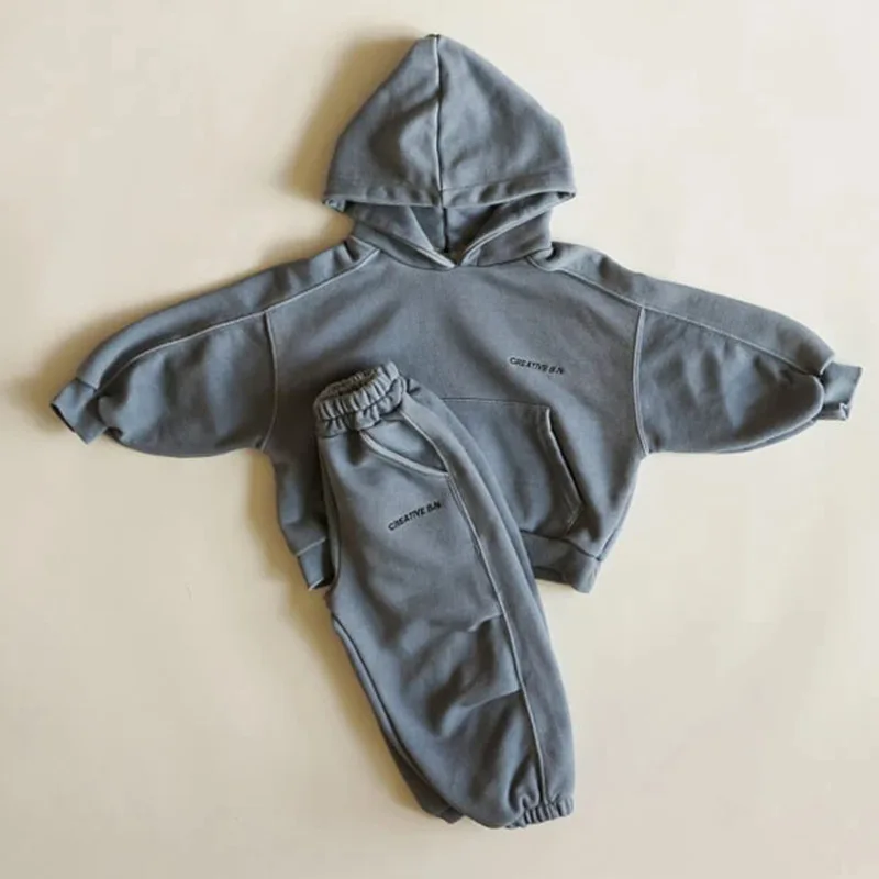 2024 Winter New Children Warm Plus Velvet Thick Set Boys Girls Hooded Fleece Letter Sweatshirt + Pants 2pcs Suit Kids Outfits