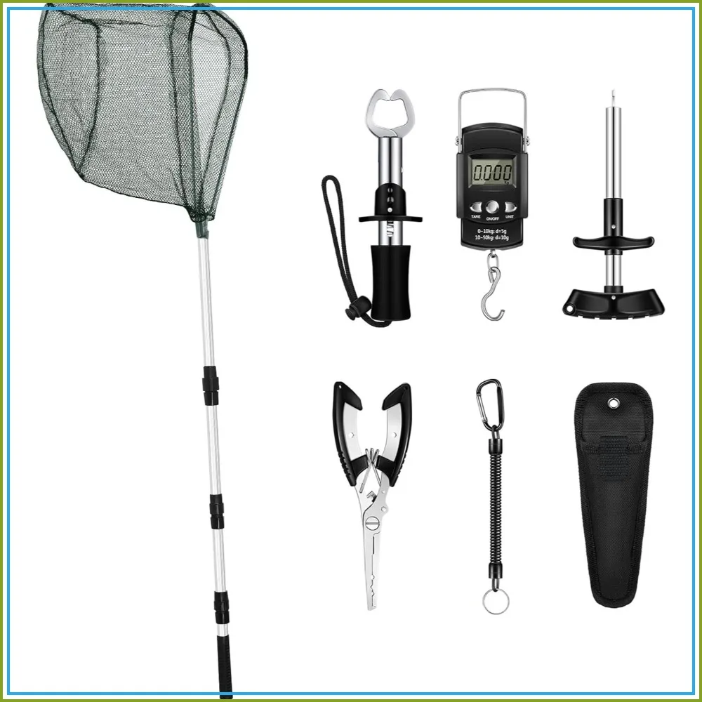 

7 Pcs Fishing Gear and Equipment Kit with Foldable Landing Net, Hook Remover, Digital Scale, Lanyard - 51.2 Inches, Black