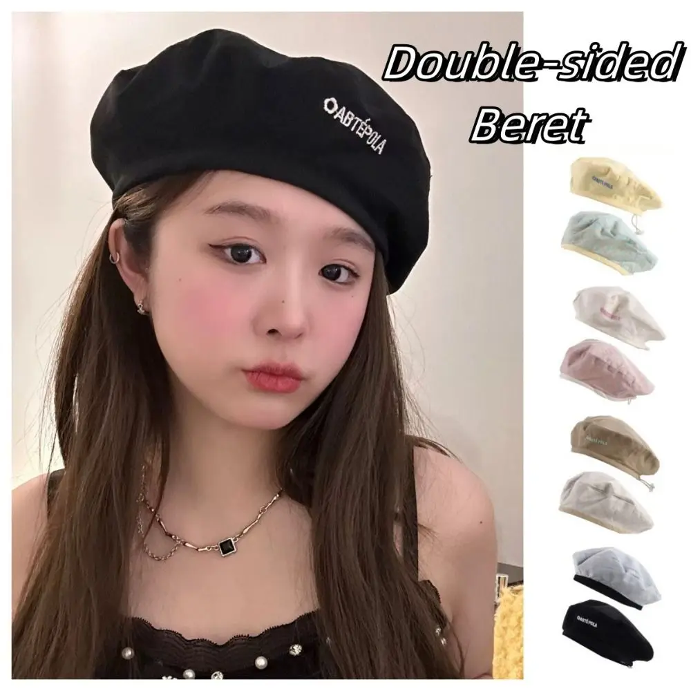 Topi Beret Jepang Dua Sisi Motif Kotak-kotak Manis, Topi Beanie Wanita, Topi Pelukis, Topi Segi Delapan Warna Solid untuk Anak Perempuan