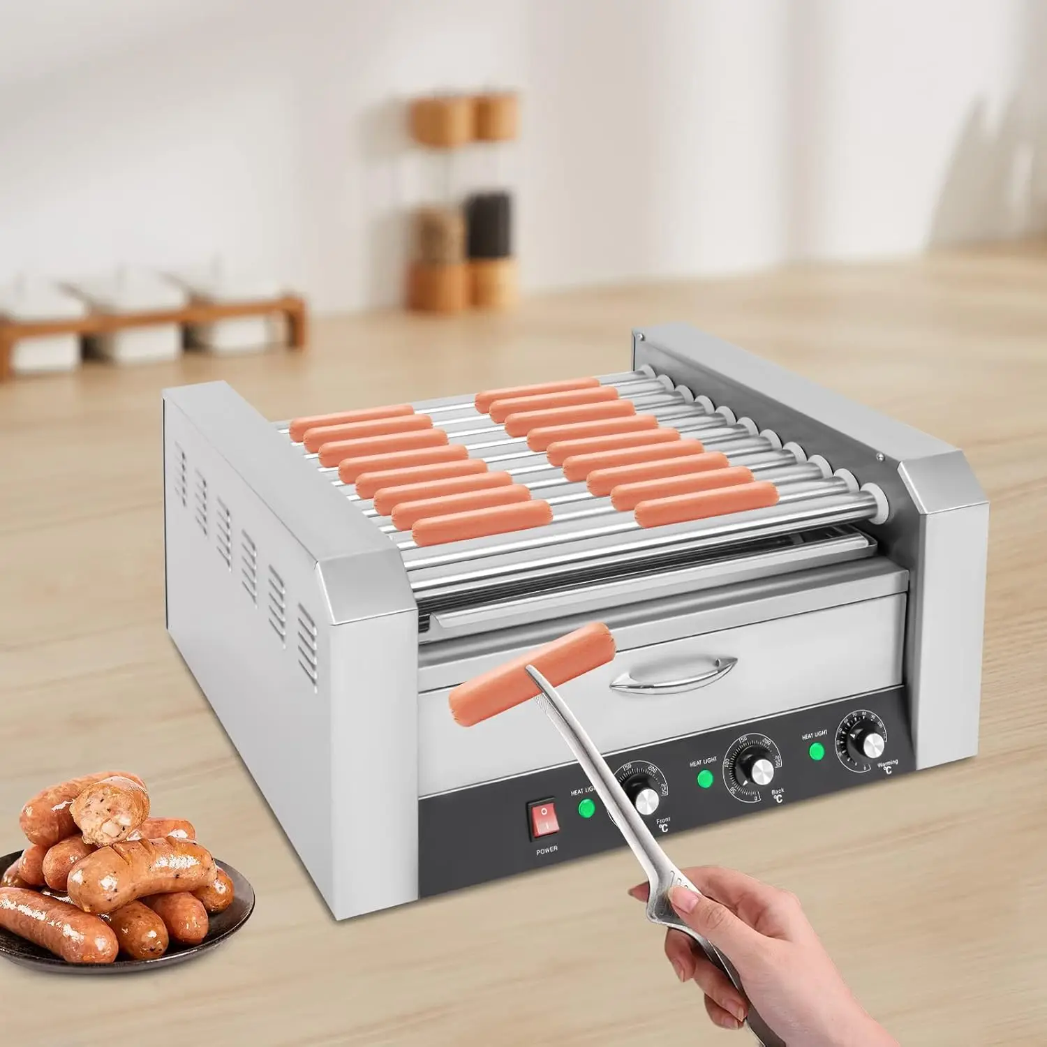 Hot Dog Machine, Stainless Steel Hot Dog Roller With Temp Control And Detachable Drip Tray Sausage Warmer Machine Sausage Grill