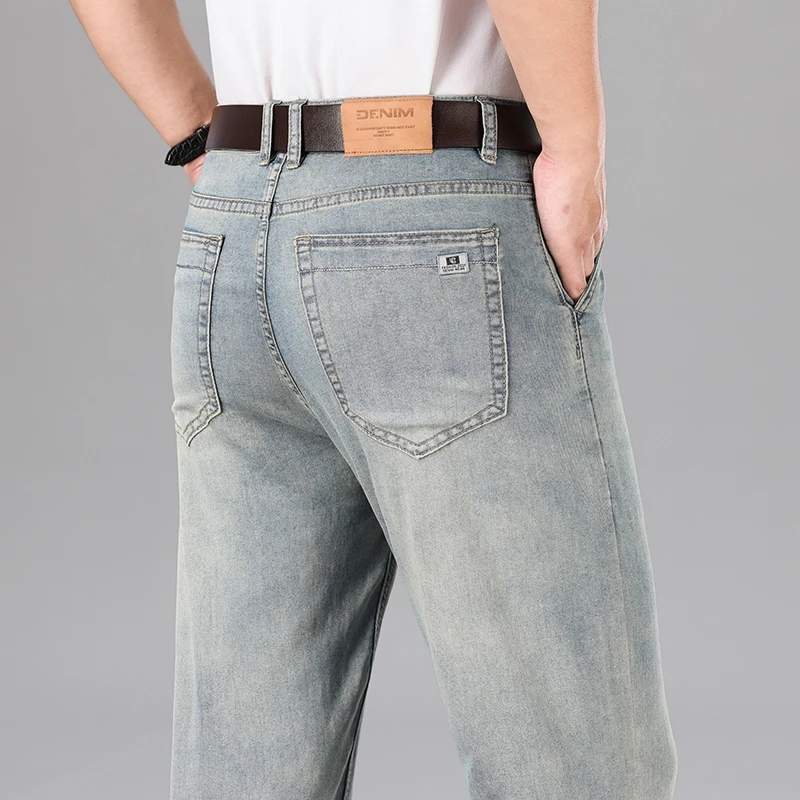 2026 Summer Brand Men's New Straight Leg Loose Lightweight Denim Jeans Classic Badge Business Casual Stretch Thin Retro Pants