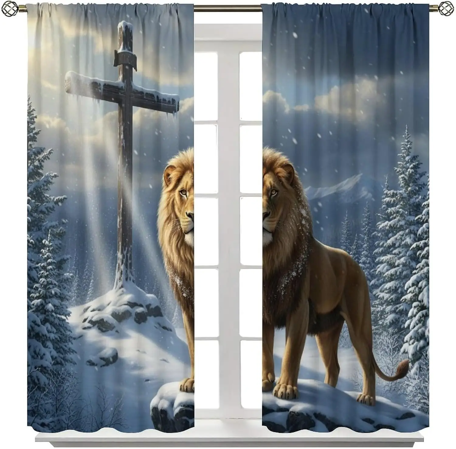 Snow Wilderness Lion Cross Curtain 2 Panels, winter forest snowflake sunbeam wooden cross lion pattern for church bedroom