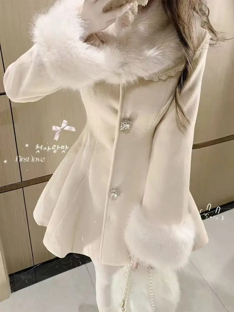 

Winter Korean Fashion Lolita Design Women's Trench Coat Solid Fur Collar Slimming Chic Lace Windbreakers French Elegant Events