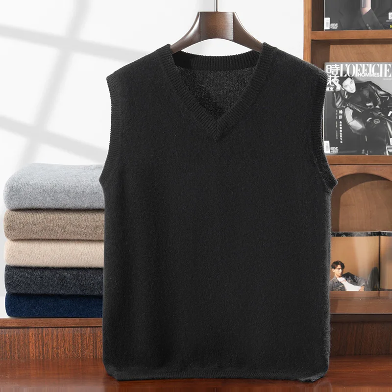 ANGEL Men V-neck Cashmere Waistcoat Spring Autumn Winter Solid Sleeveless Pullover Sweater 100% Goat Cashmere Knitwear Vest Top view 6