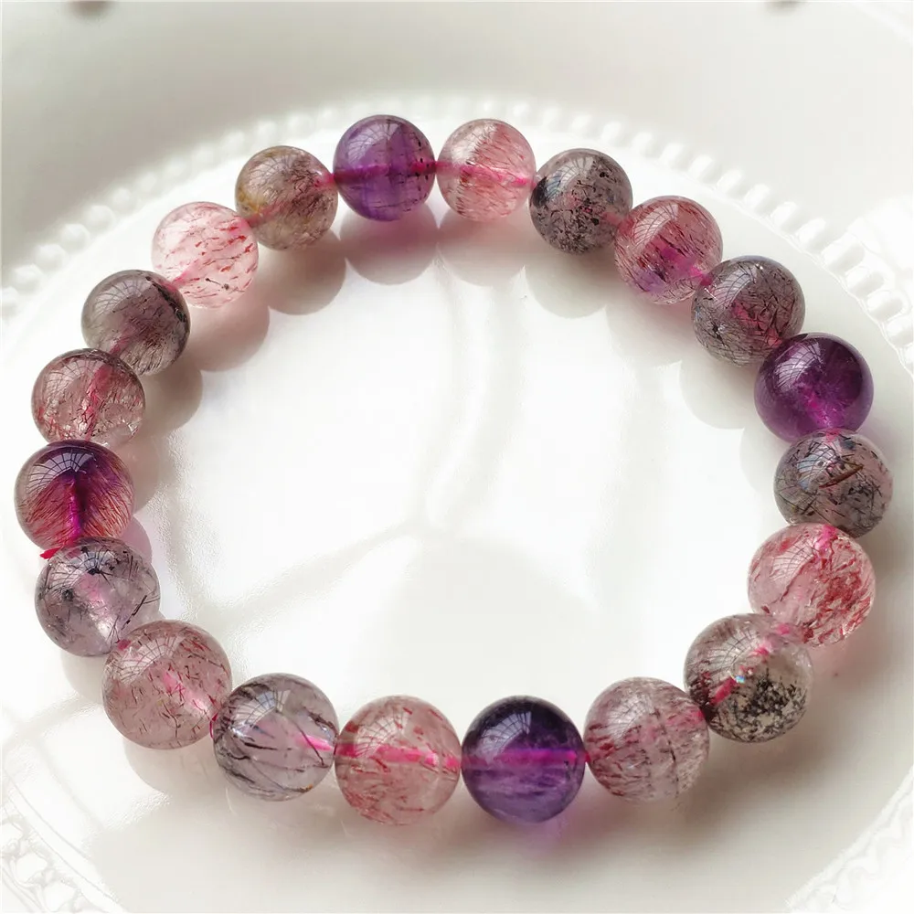 

Natural Super Seven 7 Rutilated Red Lepidocrocite Quartz Bracelet 9.8mm Clear Round Beads Crystal Women Men AAAAAA