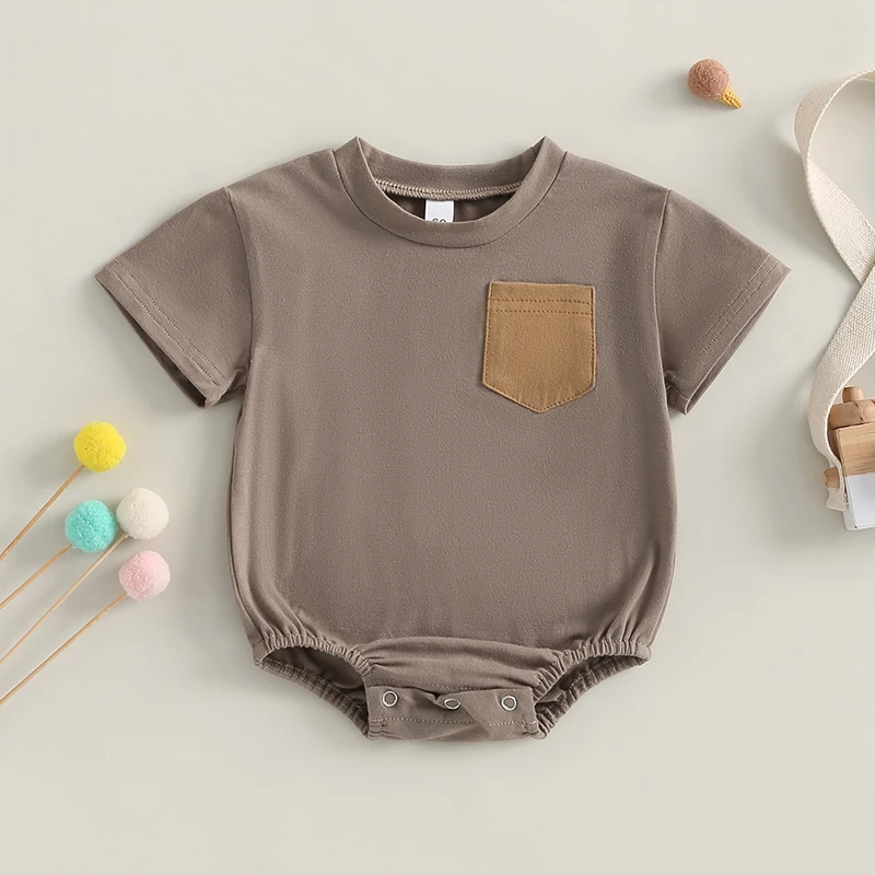 Baby Summer Clothing Infant Boy Solid Color Pocket Romper Short Sleeve Jumpsuit Girl Soft Cotton Sunsuit Newborn Bodysuit