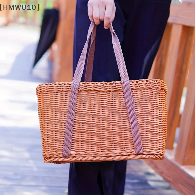 Hand Woven Picnic Basket Imitation Rattan Large Shopping Baskets Fruit Vegetable Storage Basket With Handle