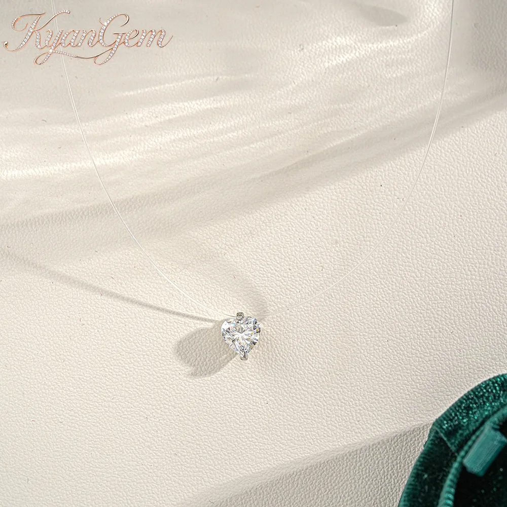 KyanGem Creative Clear Fishing Line Pendant Women's Invisible Necklace Heart-Shaped 1 carat Moissanite Collarbone Chain