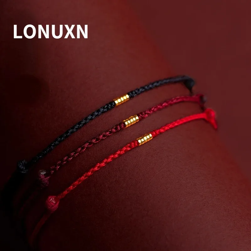 

High Quality Real 24K Yellow Gold Multilayer Circle Bracelet for Women Men 999 Glossy Red/black String Bracelet Couple Red Rope