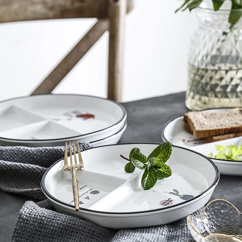 Nordic Circular Partition Plate Ceramic Fruit Dim Sum Children's Dinner Plate, 3-grid Plate, Breakfast Fast Food Plates