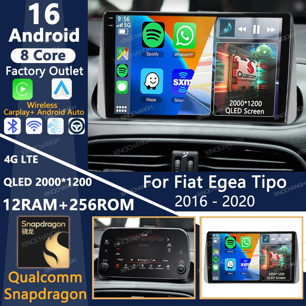 Rádio Automotivo Android 16 para Fiat Egea Tipo 2016 - 2020, Unidade Principal QLED, BT, 4G LTE, 5G WIFI, Carplay, Reprodutor de Vídeo Multimídia Automotivo 2DIN