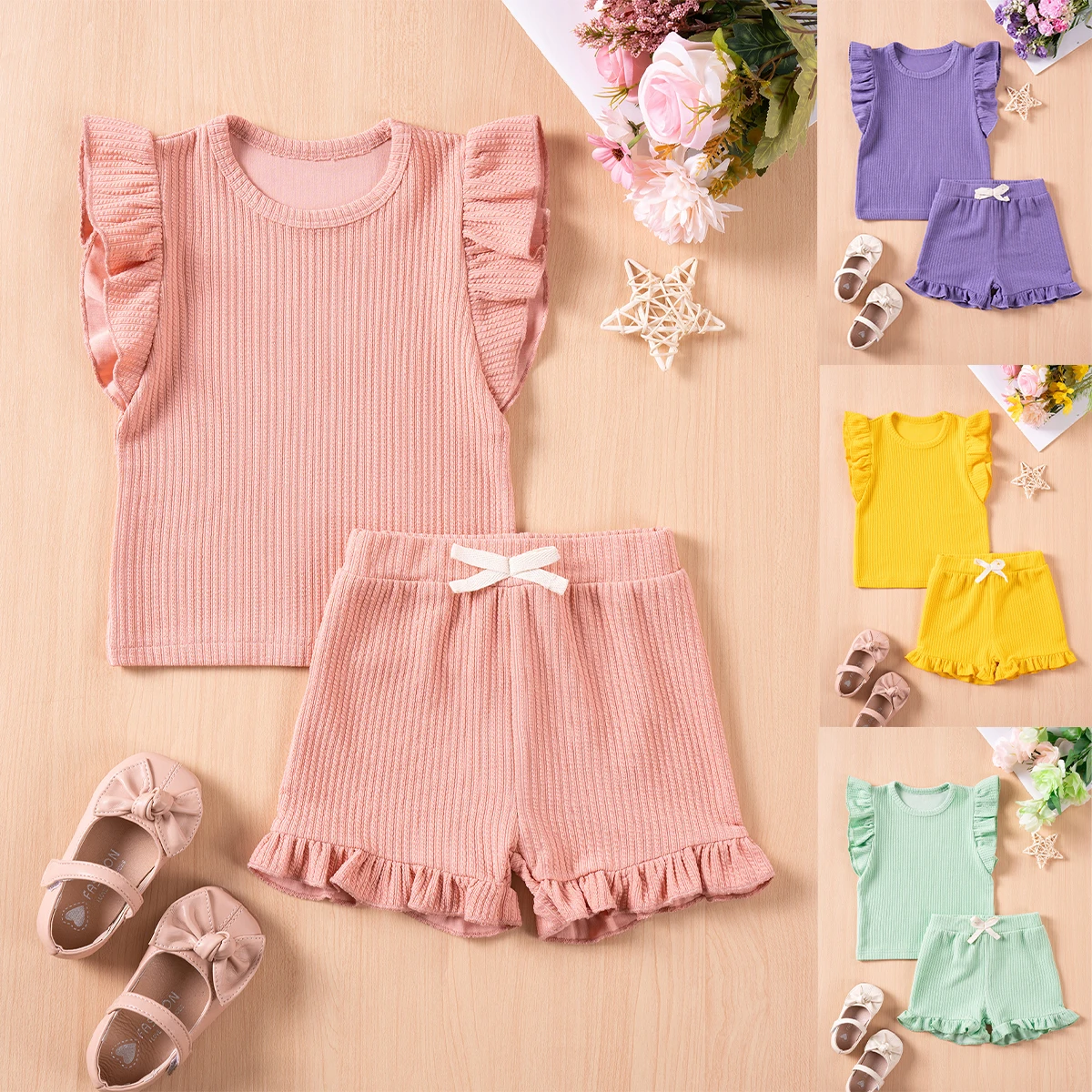 Summer Girls' Suit Casual Striped Children's Clothes Solid Color Two Piece Dash Sleeve Top + Wooden Earring Shorts Comfortable