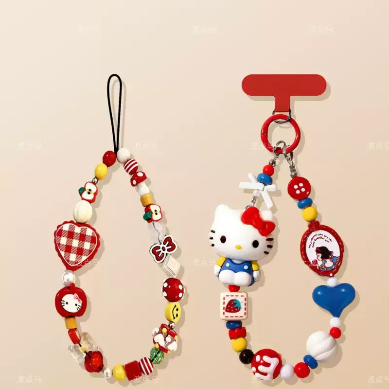 Llaveros de Hello Kitty con colgante de cuentas, cordón antipérdida para teléfono, dije de muñeca de dibujos animados/anime, accesorios de decoración para mochila