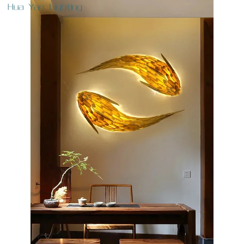 Nordic Modern Bamboo Led Wall Lamp Handwoven Big Fish Wall Lamp Living Room Japanese Restaurant Villa Art Wall Home Decoration