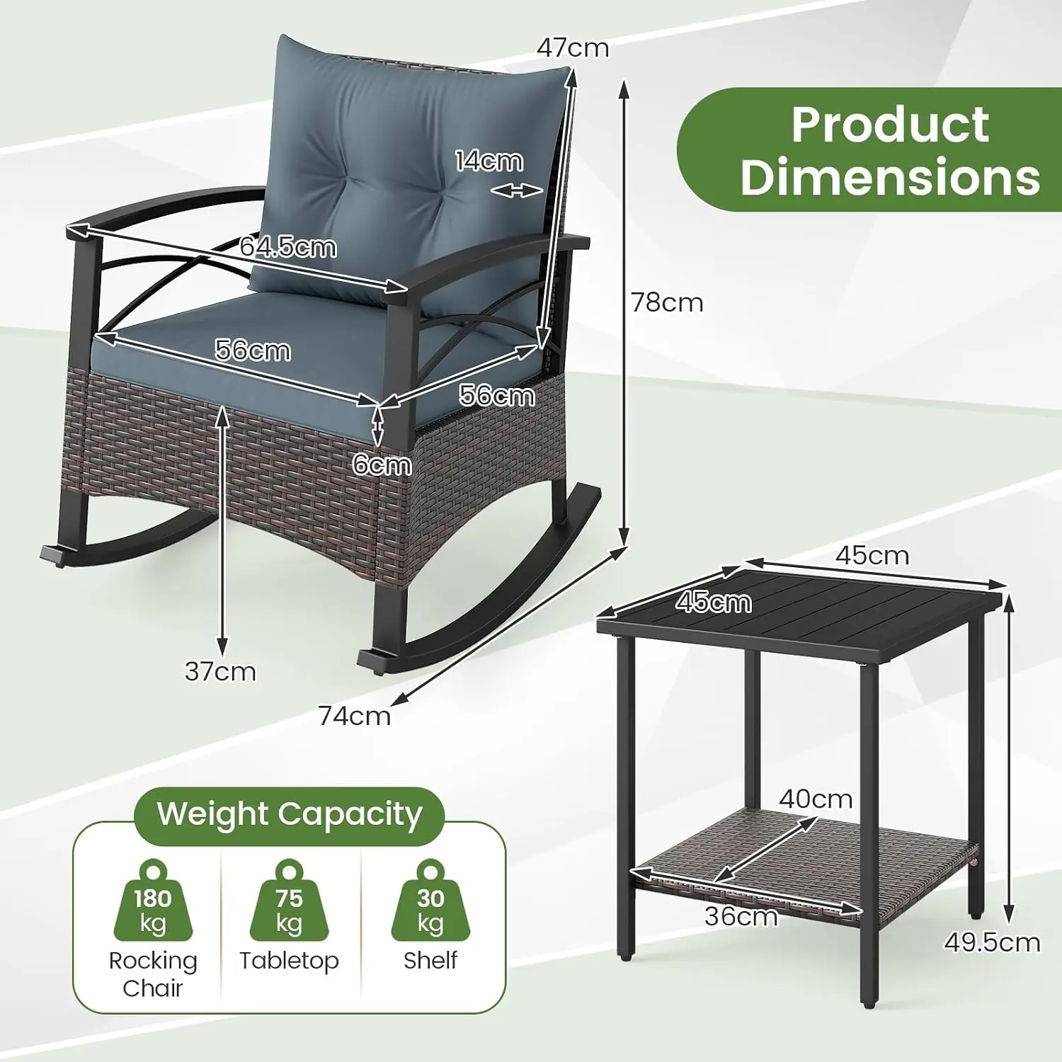3-Piece Wicker Rocking Chair Set, Outdoor Cushioned Rocker & Acacia Wood Side Table, 400lbs PE Rattan Patio Bistro Set for Porch