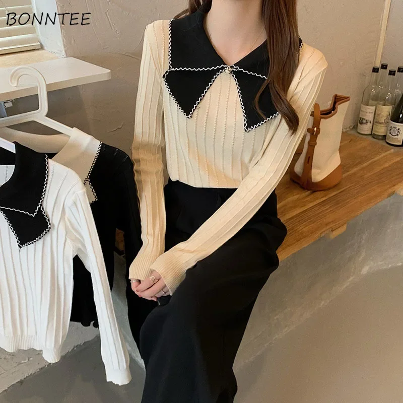 

Pullovers Women Peter Pan Collar Korean Style Slouchy Gentle Pleated All-match Temperament Ladies Autumn Casual Tops Tender New