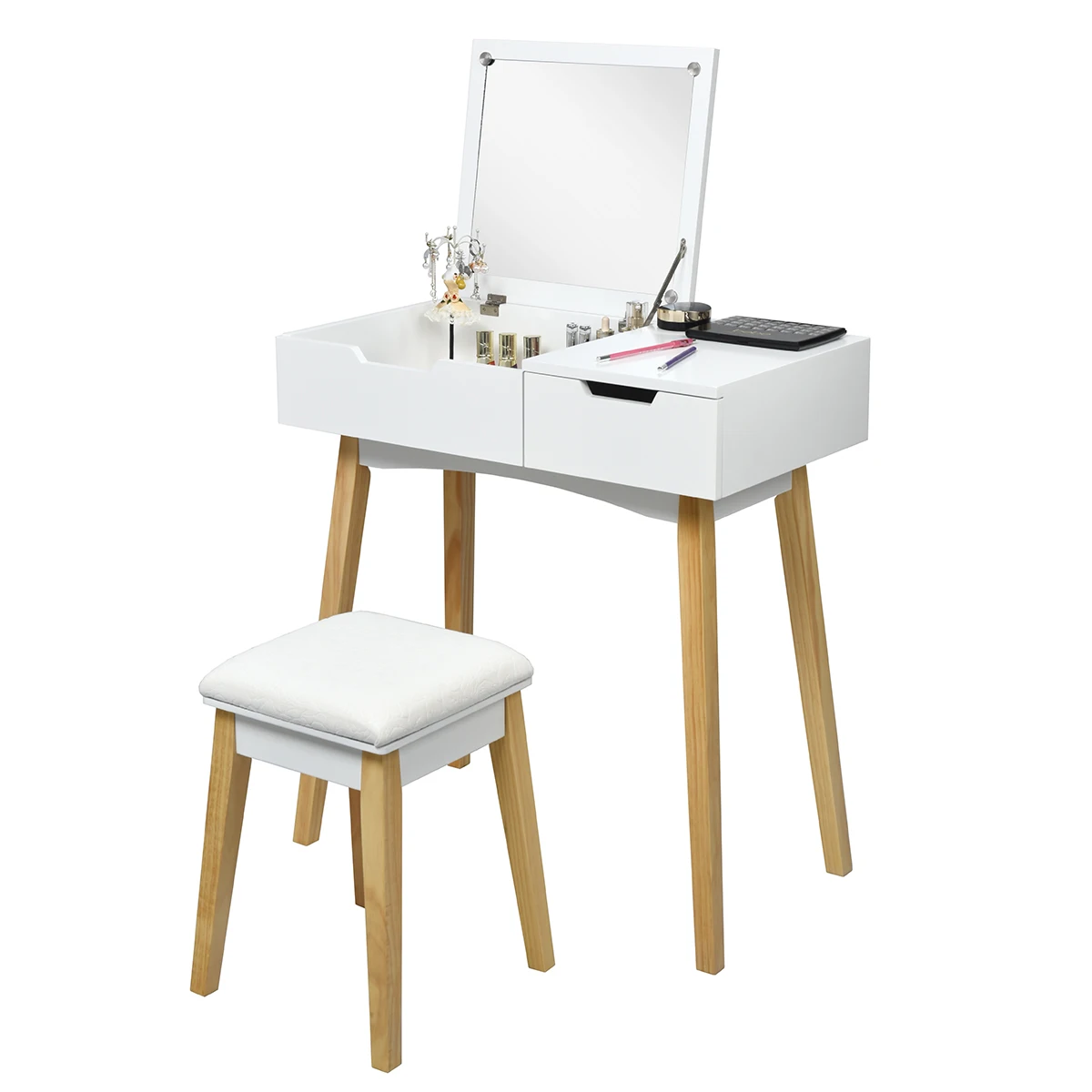 Vanity Makeup Table Cushioned Stool Set W/Flip Top Mirror &1 Drawer Writing Desk