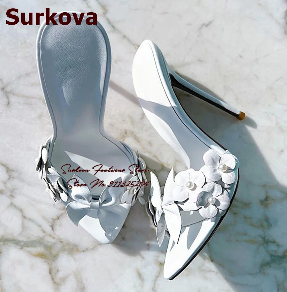 

Surkova White Pink Flowers Pearl Decor High Heel Slippers Matte Butterly-knot Embellished Floral Wedding Shoes Summer Sandals