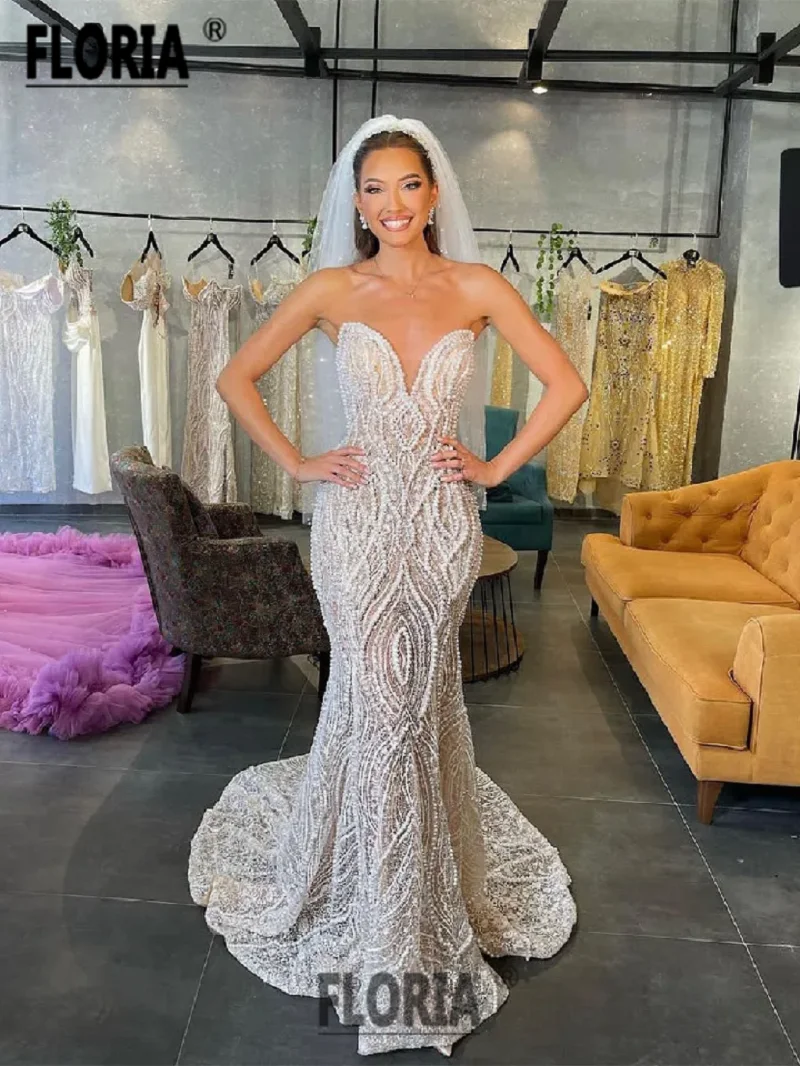 

Vestido De Noiva Gorgeous Pearls Lace Wedding Dress Sweetheart Beaded White Mermaid Bridal Gown For African Woman Custom Made