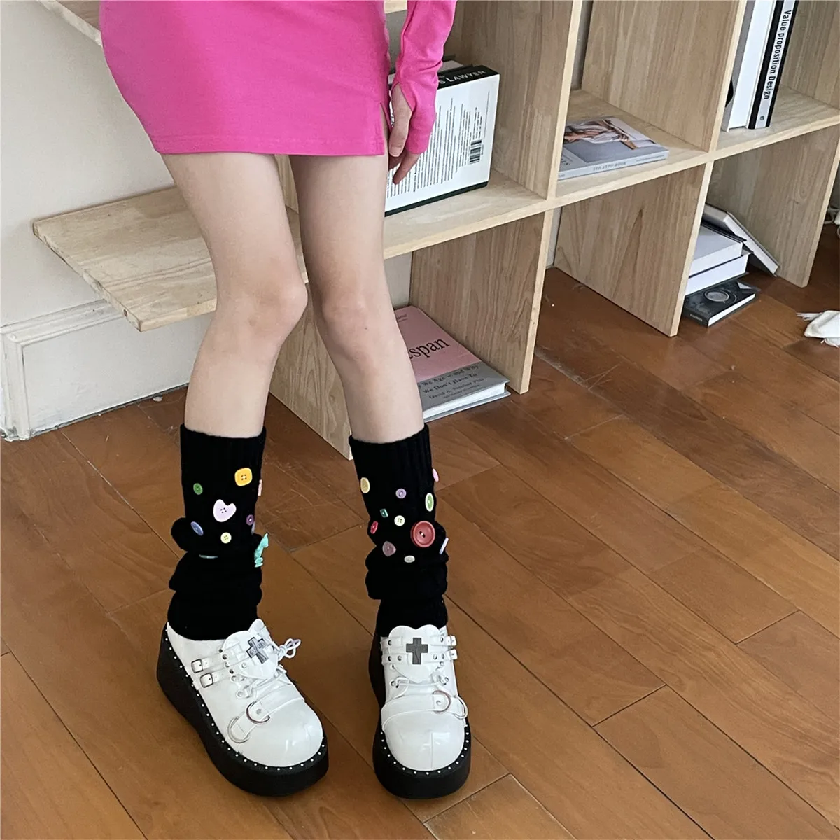 Y2K Leg Warmers Multicolor Button Knitted Foot Cover Medium Tube Socks Japanese Lolita Leg Warmers JK Girls Leg Cover Calf Socks