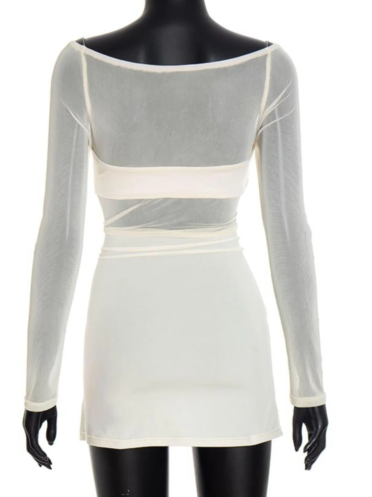 SsTss Mini abito aderente sexy in rete trasparente patchwork Donna Nuovo scollo a barchetta con spalle scoperte Manica lunga Twist Slim Abito corto da festa