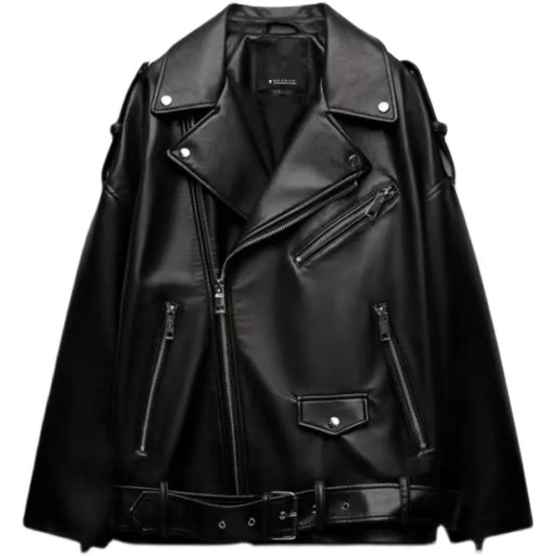 

fall and winter new women's fashion zipper lapel long-sleeved black faux leather loose jacket jacket