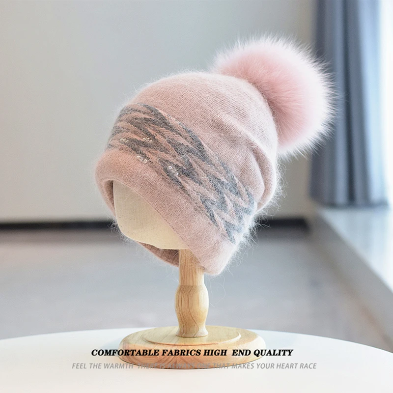 

Hat Angora Women Winter Knit Beanie Pompom Of Real Fox Fur Autumn Warm Skiing Accessory For Sports Outdoors