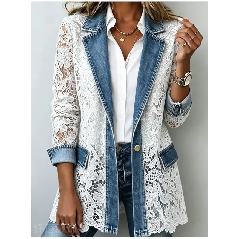 Sexy Perspective Lace Splicing Shirt Jacket Women's Spring Autumn Fashion Solid Lapel Top Simple Versatile Ladies Office Blouses