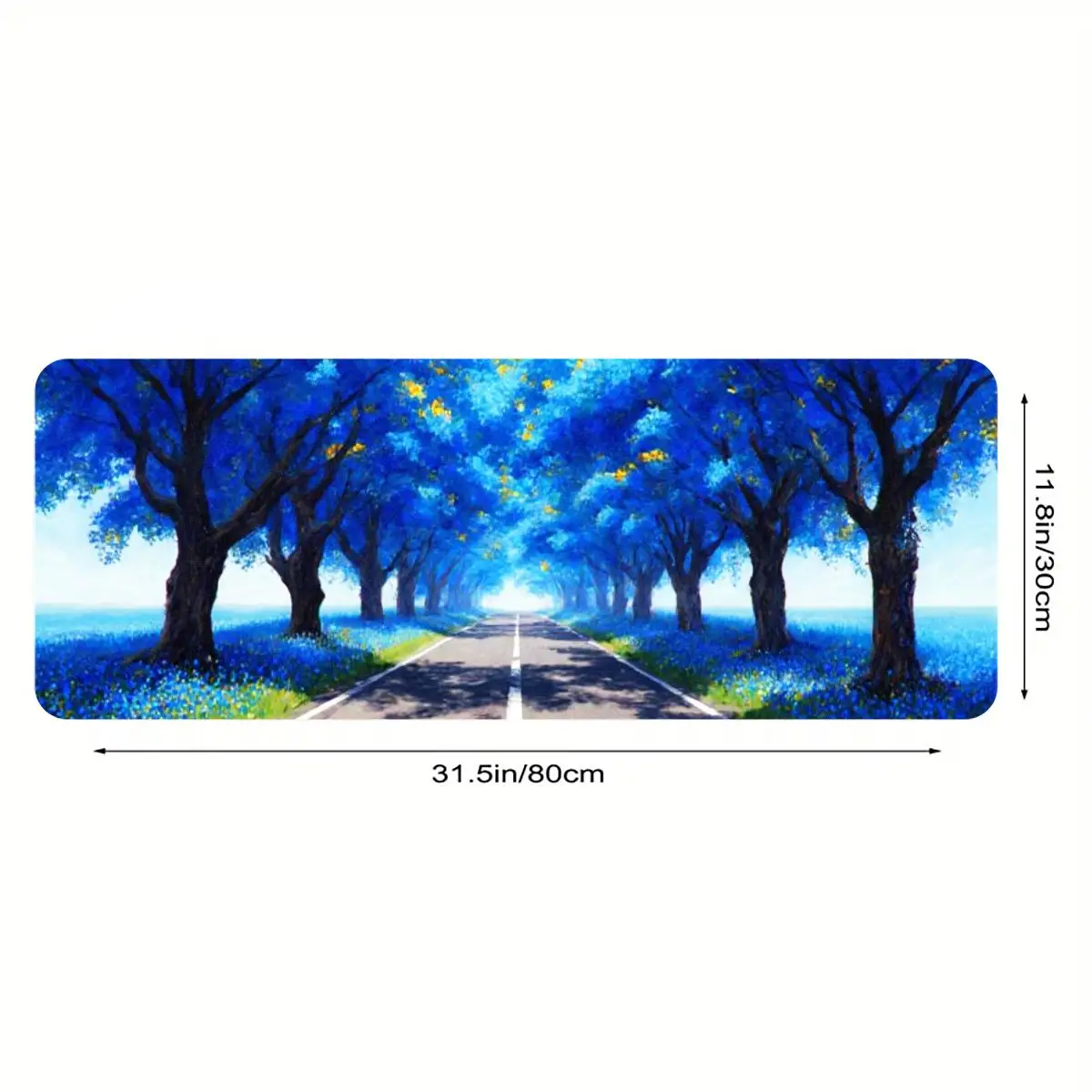 Scenic Blue Tree Lane Desk Mat, 31.5in x 11.8in, non-slip base, vibrant HD print, perfect for gaming and office use.