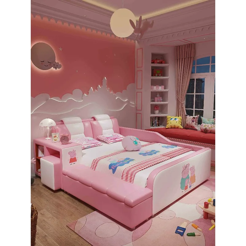 

Customized Princess Girl Bed Girl Dream Castle Girl Room with Guardrail Net Red Bed Solid Wood Single Girl Bed