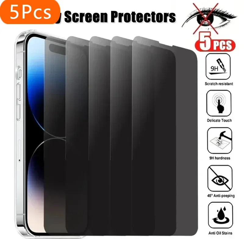 5 قطعة واقي شاشة الخصوصية تركيب خالٍ من الغبار لهاتف آيفون 15 14 13 12 11 Pro Max Plus زجاج مقسى مضاد للتجسس