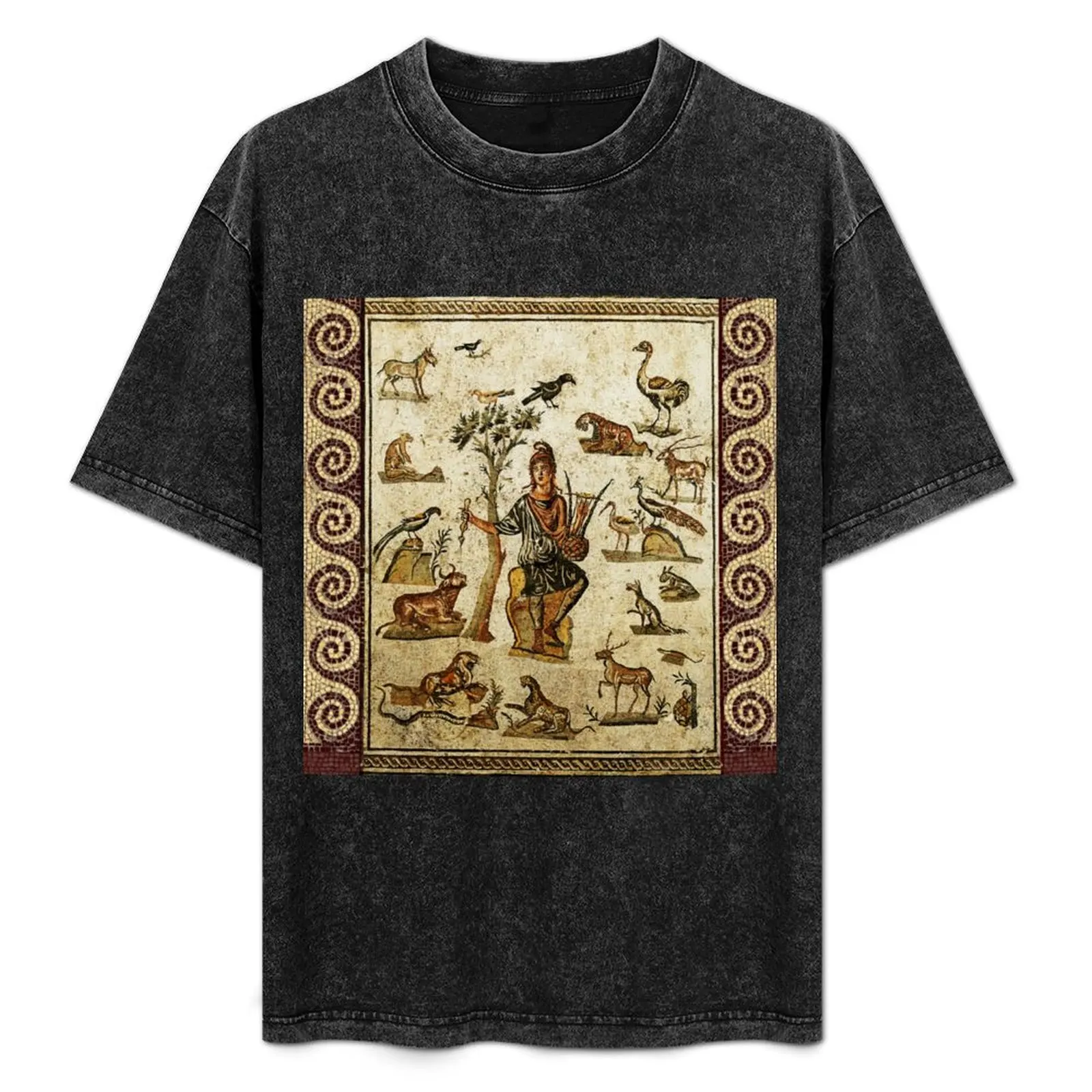 Camiseta con estampado de mosaicos romanos antiguos, Orfeo encantando a los animales con su música, camiseta informal de manga corta para vacaciones