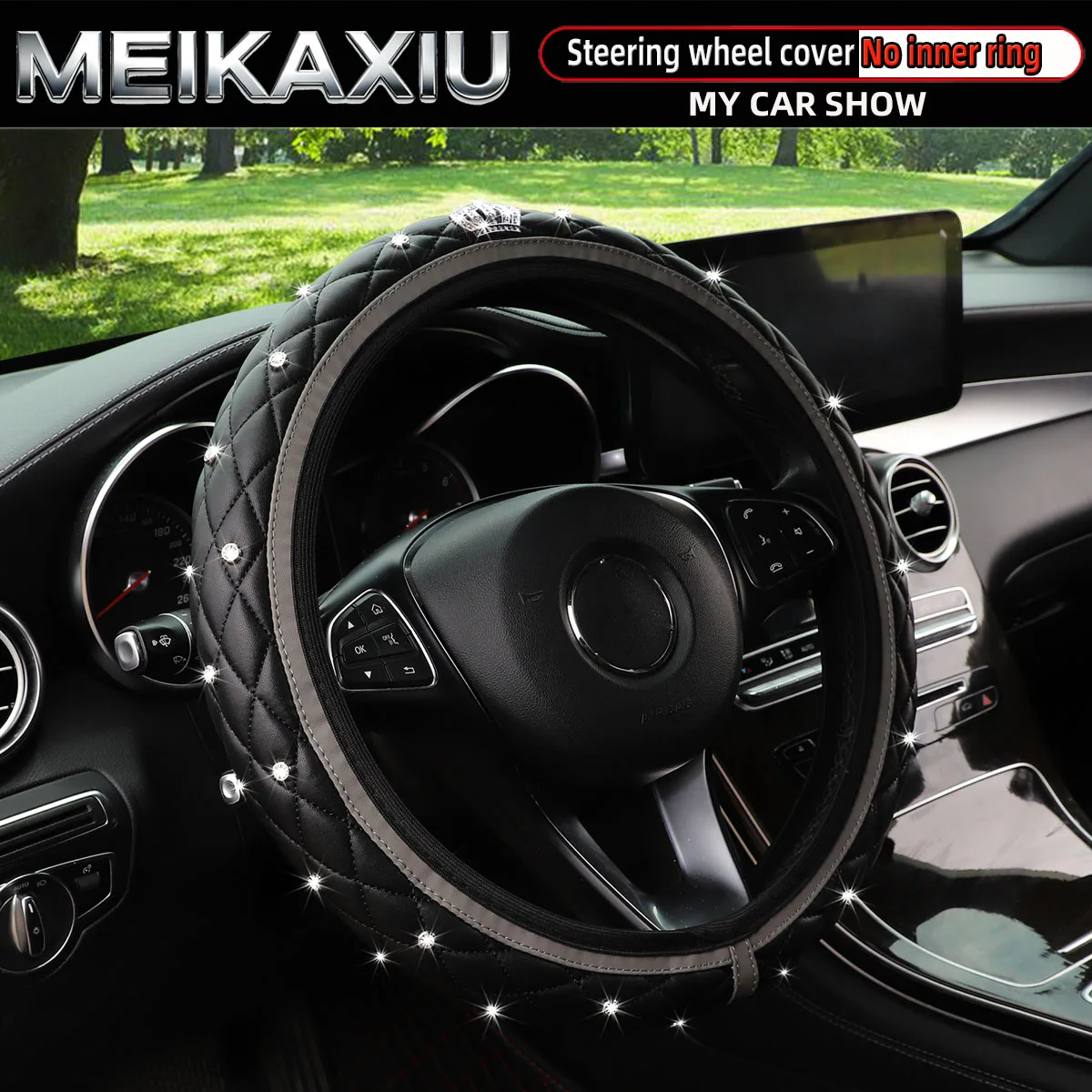 Diamond-Encrusted PU Leather 38cm Crown Steering Wheel Cover Blingbling Car Accessory for Women Rimless Decorative 15 Inch
