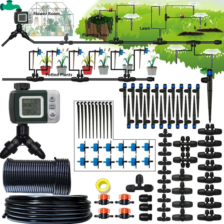 

Irrigation System with Water Timer 162ft Drip Irrigation Kit 5 16ID and 1 4 Inch Pipe Auto Watering System for Garden Adjustable