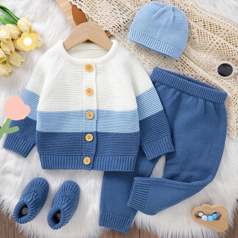 Winter Casual Outwear Newborn Boys Sweaters Tops+Pants+Hats+Shoes Outfits 4pcs Autumn Infant Kids Knitwear Baby Clothes Set Knit