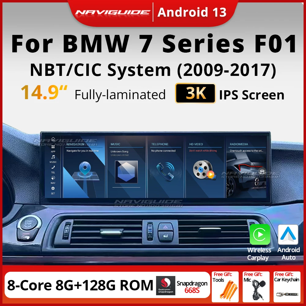 NAVIGUIDE 14,9 pulgadas Radio Android 14 para coche para BMW 7 Series F01 2009-2017 CIC NBT CarPlay reproductor estéreo Multimedia Navi GPS Wifi