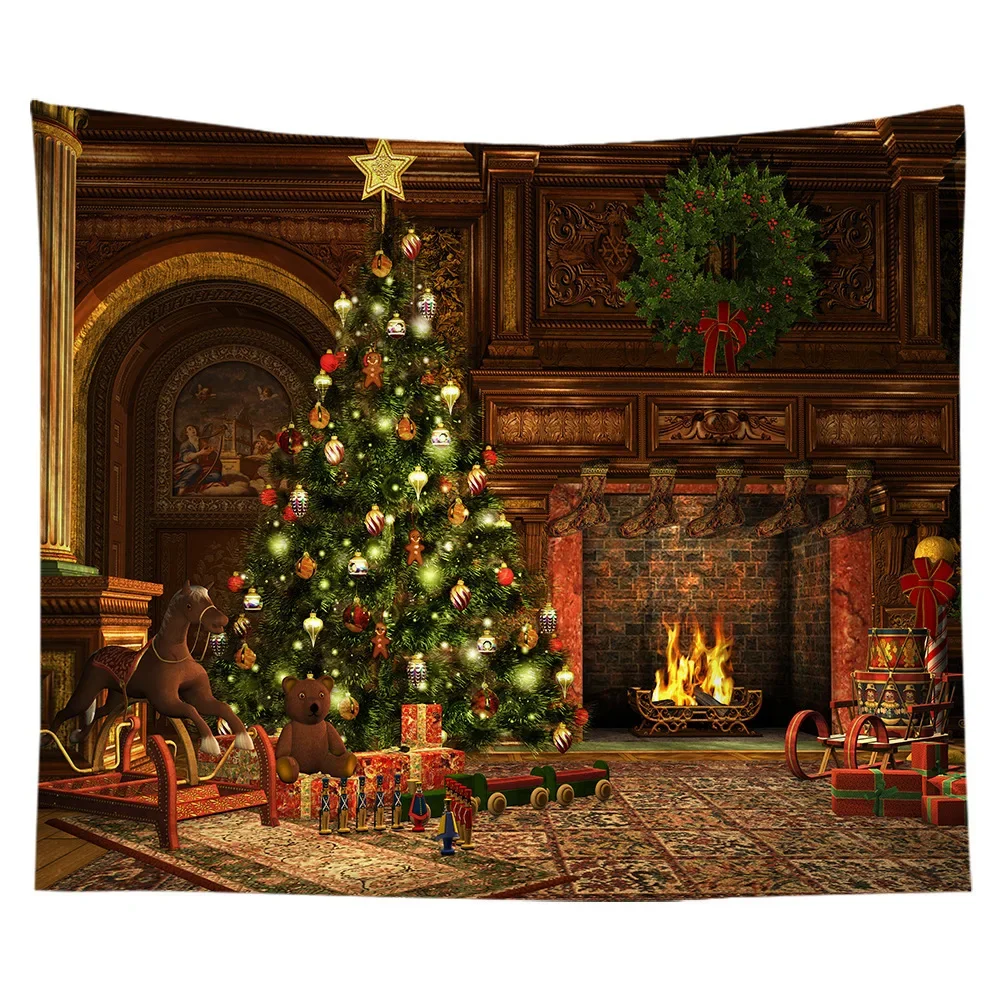 Christmas Tapestry  Tree  Gift Fireplace  Home Room Living  Wall Decoration Background Cloth