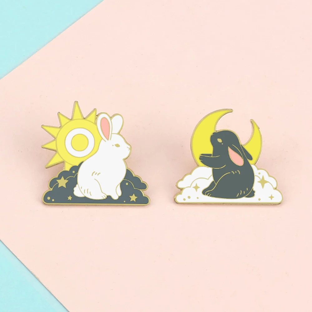 Grey White Couple Rabbit Brooches Cartoon Sun Moon Clouds Bunny Enamel Pin Bag Clothes Badge Animal Jewelry Gift for Best Friend