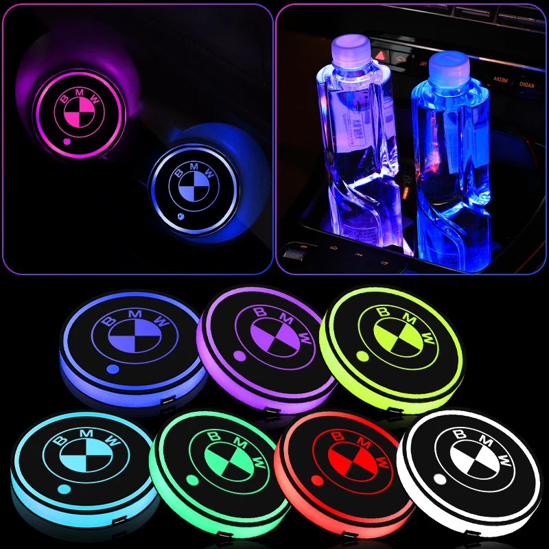 2PCS Luminous Car Coasters Cup Holder Anti-slip Mat For BMW 1 3 5 7 Series M Performance M3 M5 M6 F01 F20 F10 F13 F15 F16 F30 X1