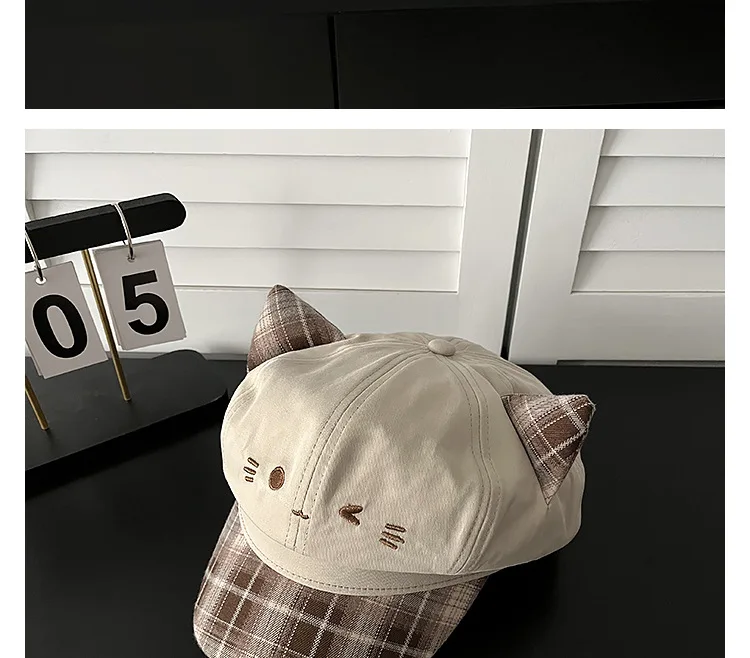 Niedliche Katzenohren Newsboy-Mütze für Damen, Alltags-Casual Baker Boy Cap, Street Snap, Kawaii Katzen-Gesichts-Stickerei, süße Mädchen-Karo-Krempe, Reisemütze – Detail 6