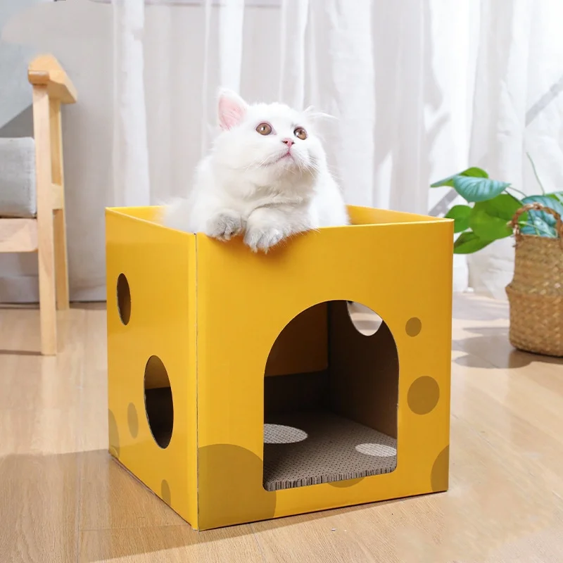 Casa plegable para gatos cartón diseño queso con rascador transpirable - imagen 2
