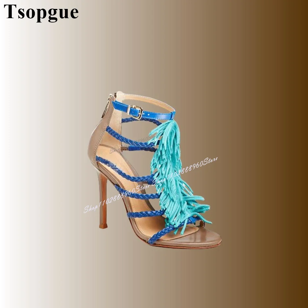 

T-Strap Mixed Color Short Tassels Decor Sandals Thin High Heel Women Shoes Back Zipper Open Toe 2024 Fashion Zapatos Para Mujere