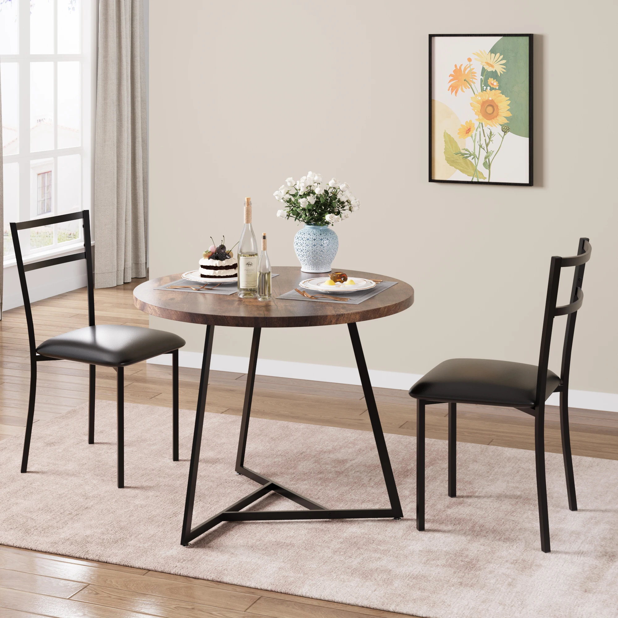 Conference Table Round - ชุดโต๊ะรับประทานอาหารสำหรับ 2 ที่นั่ง, โต๊ะครัวทรงกลมและเก้าอี้บุเบาะ PU, ชุดโต๊ะรับประทานอาหาร
