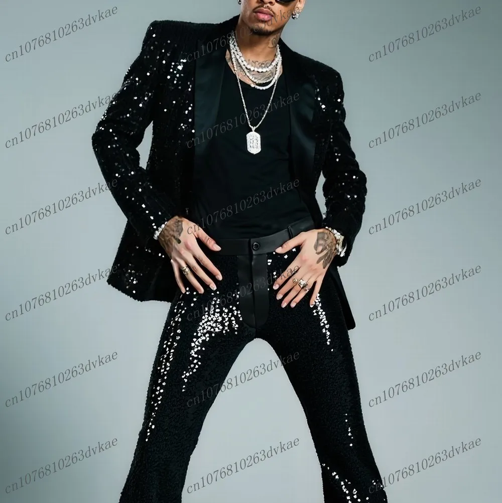 

Shiny Black Sequin Men Suit Party Prom Special Occasions Business Groom Groomsman Wedding Male Tuxedos 2 Piece Set Blazer Pants