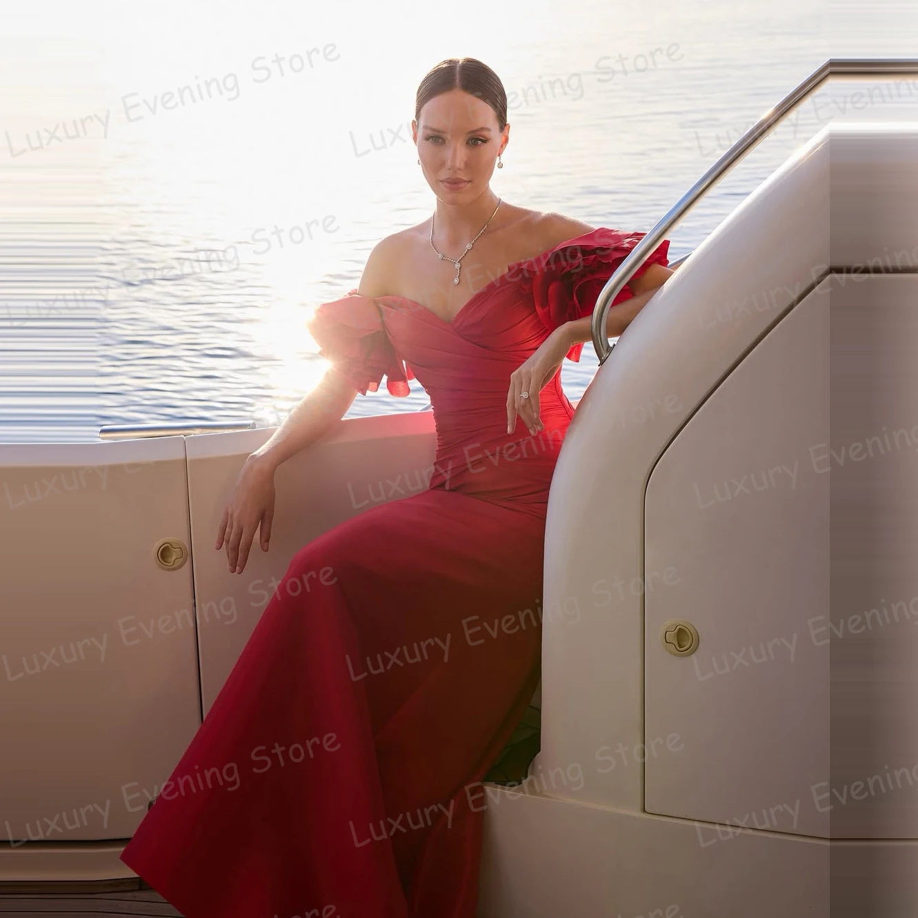 

Simple Red Off Shoulder Evening Dresses Women's Mermaid Sexy Sleeveless Pleat Satin Prom Gowns Party Vestido De Noche Customized