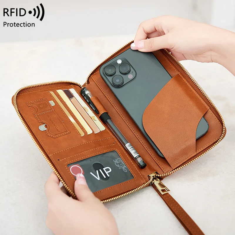 New Leather Passport Cover RFID Blocking Card Holder Zipper Wallet Travel Essentials Phone Bag International Travel Accessories