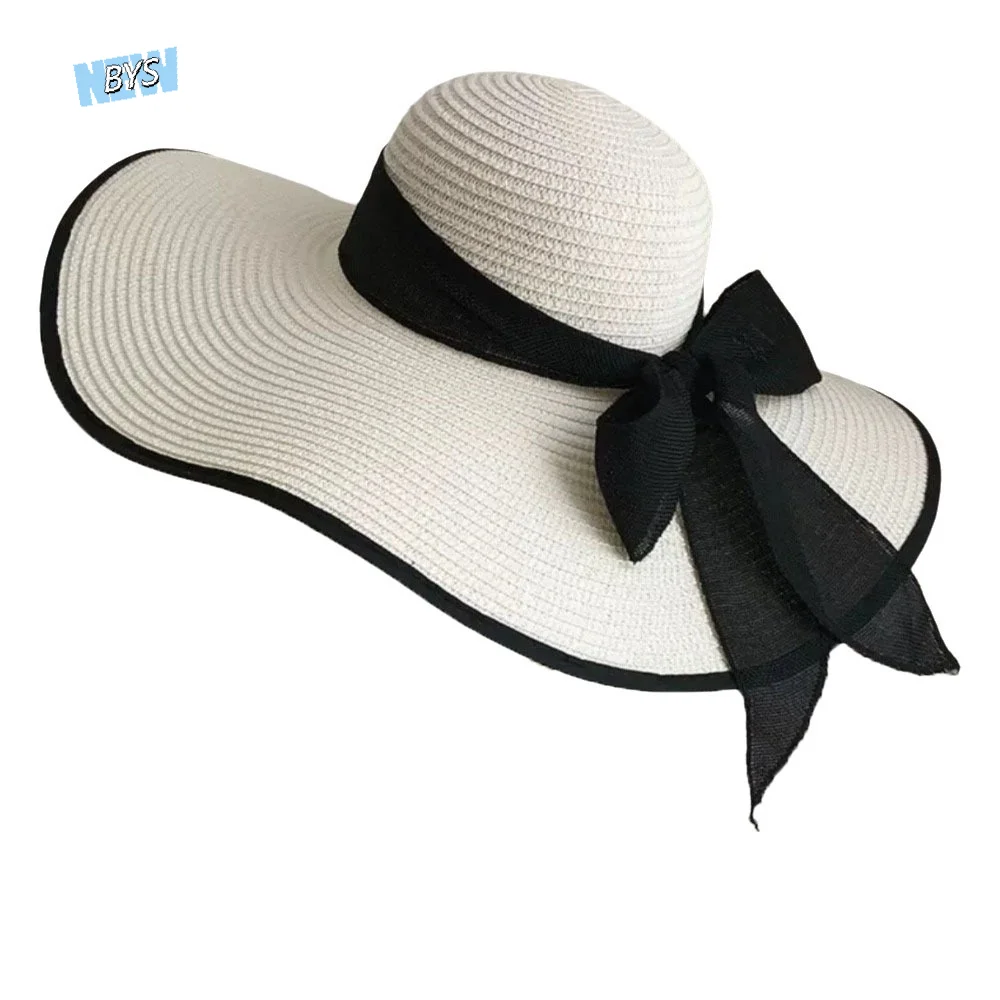 

Foldable Wide Brim Straw Sun Hat Bowknot Ribbon Sunscreen Weave Sun Cap Flat Hat Visor Sun Protection Hat Seaside